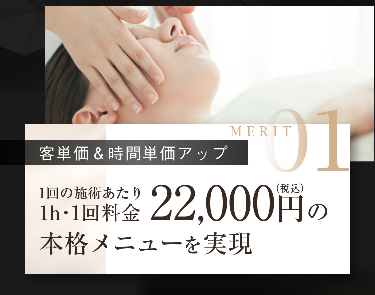 MERIT01 [客単価＆時間単価アップ] 1回の施術あたり1h・1回料金 22,000円（税込）の本格メニューを実現